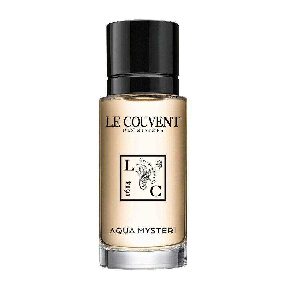 Parfümflakon mit schwarzem Verschluss. Aufschrift: Le Couvent des Minimes, Aqua Mysteri.