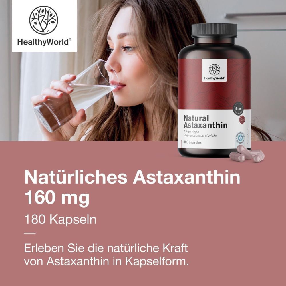 Flasche mit Kapseln. Text: Natürliches Astaxanthin 160 mg, 180 Kapseln. Marke: HealthyWorld.