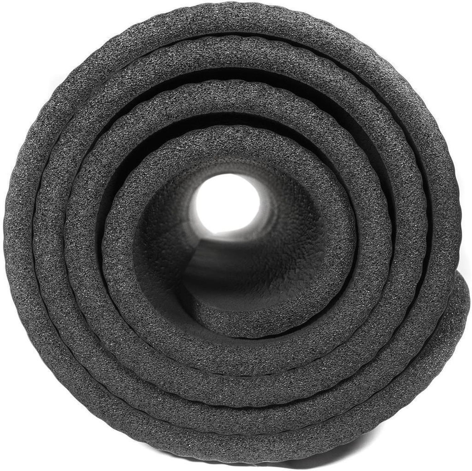 Gerollte Fitnessmatte, dunkelgrau. Sicht auf die gerollten Schichten. Innen hohl.