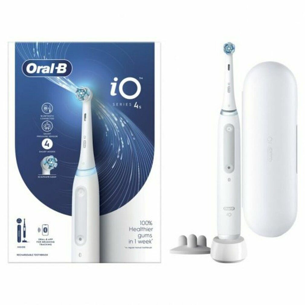 Elektrische Zahnbürste, Reiseetui, Ladestation und Verpackung. Oral-B iO Series 4s. Verpackung zeigt Produktmerkmale.
