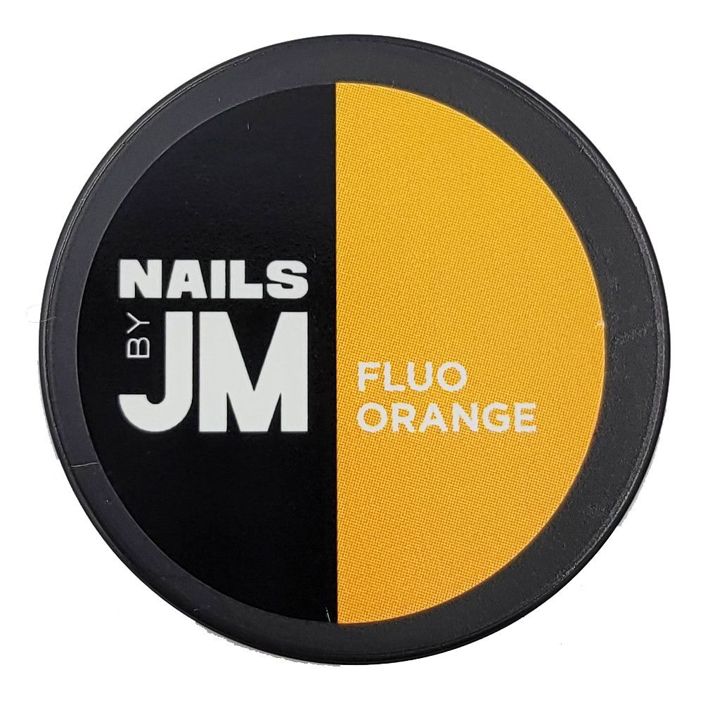 Runder Behälter, geteilt in Schwarz und Orange. Auf der schwarzen Seite steht "NAILS BY JM". Auf der orangenen Seite steht "FLUO ORANGE".