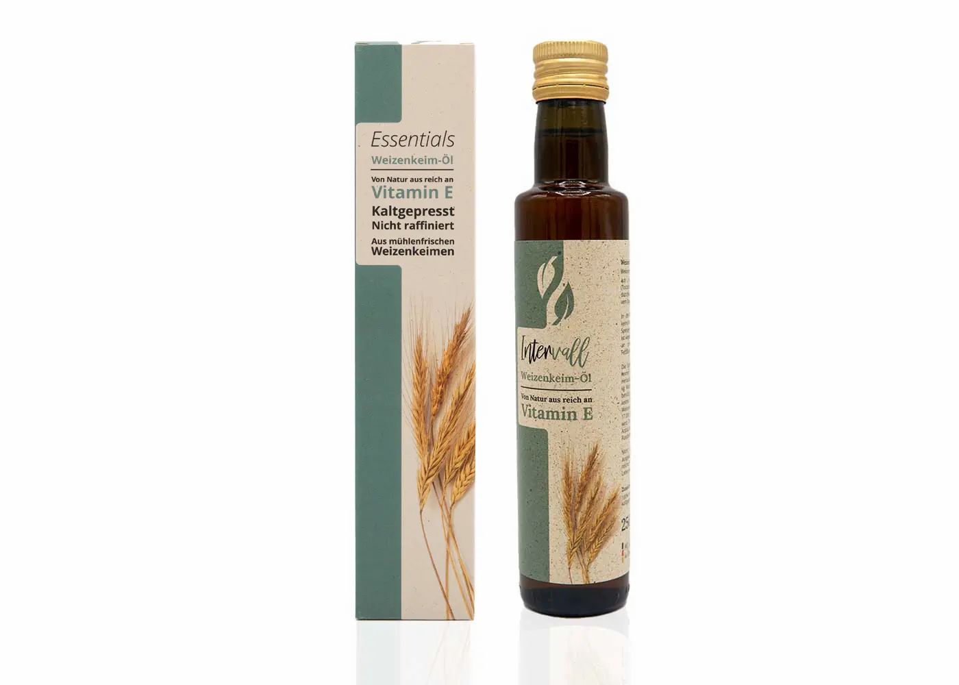 Braune Glasflasche mit goldenem Verschluss und Karton. Aufschrift: Weizenkeimöl, Vitamin E, kaltgepresst.