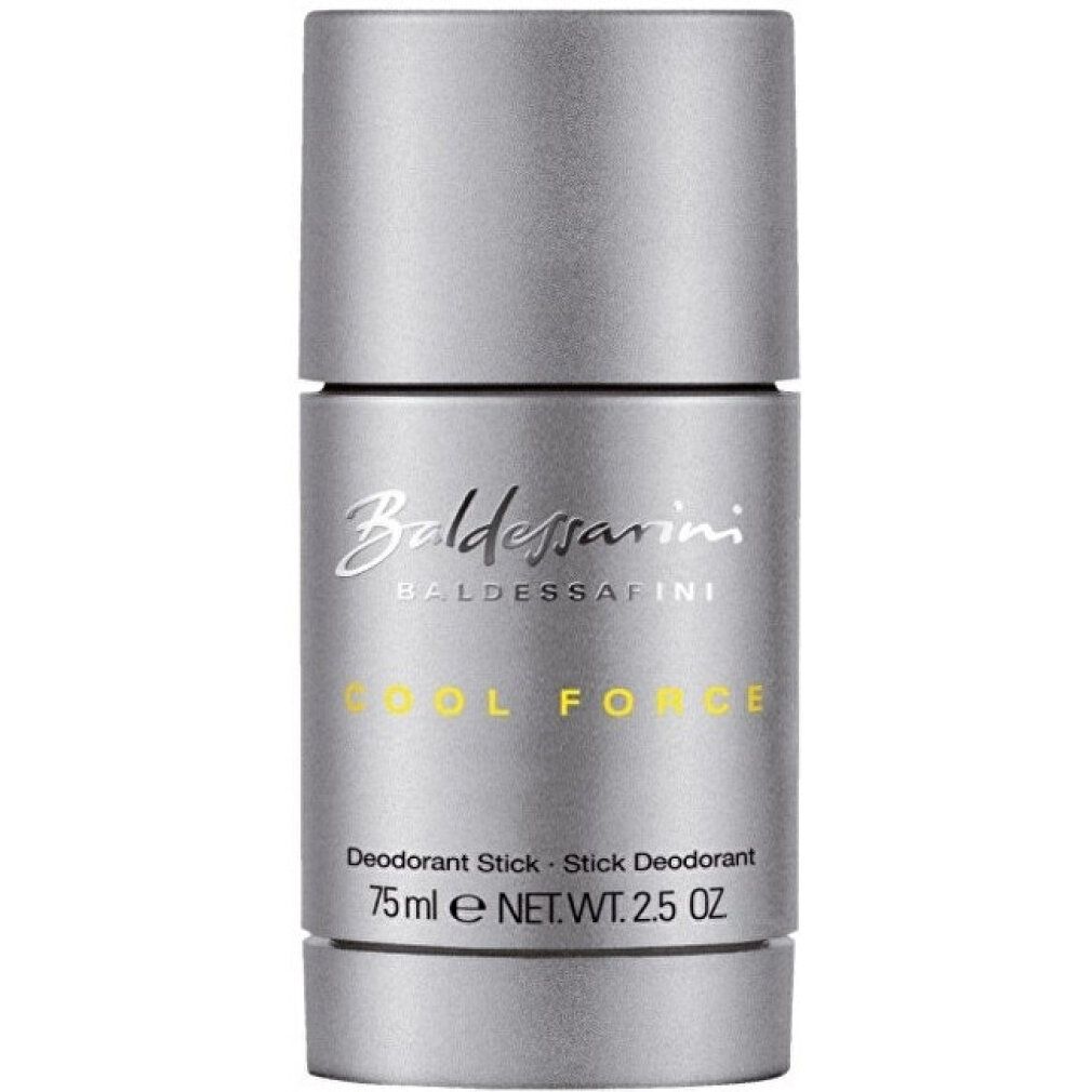Silberfarbener Deostift. Schriftzug 'Baldessarini' und 'Cool Force'. Bezeichnung 'Deodorant Stick'. 75ml.