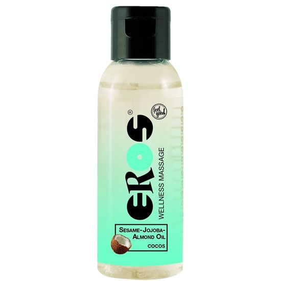 Klarflüssige Flasche mit schwarzem Deckel. Aufschrift: EROS, Wellness Massage, Sesam-Jojoba-Mandelöl, Cocos. Kokosnuss-Illustration.