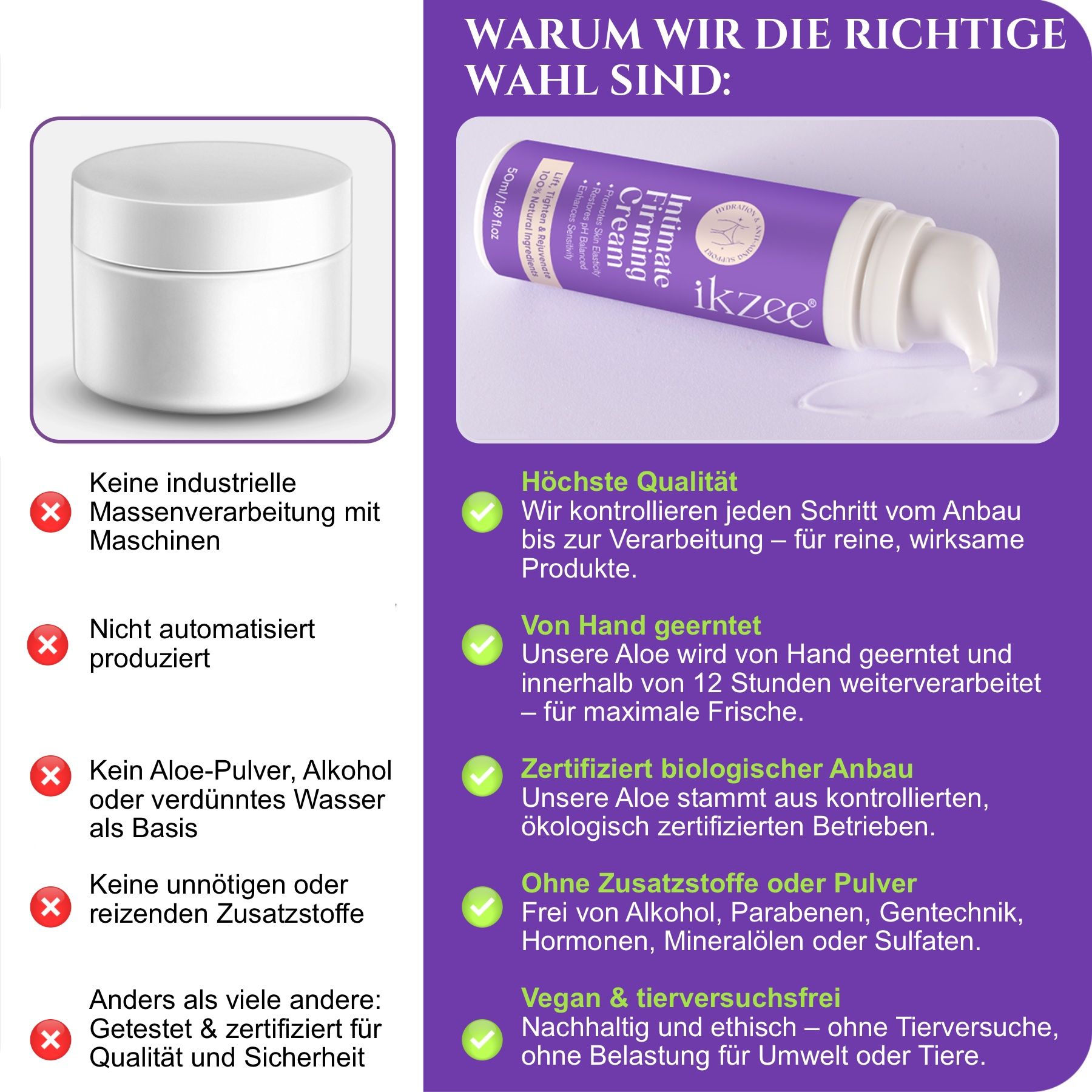 Weißer Tiegel und lila Flasche mit Text: Intimate Firming Cream. Infografiken: Vorteile, wie hohe Qualität, vegan, ohne Zusätze.