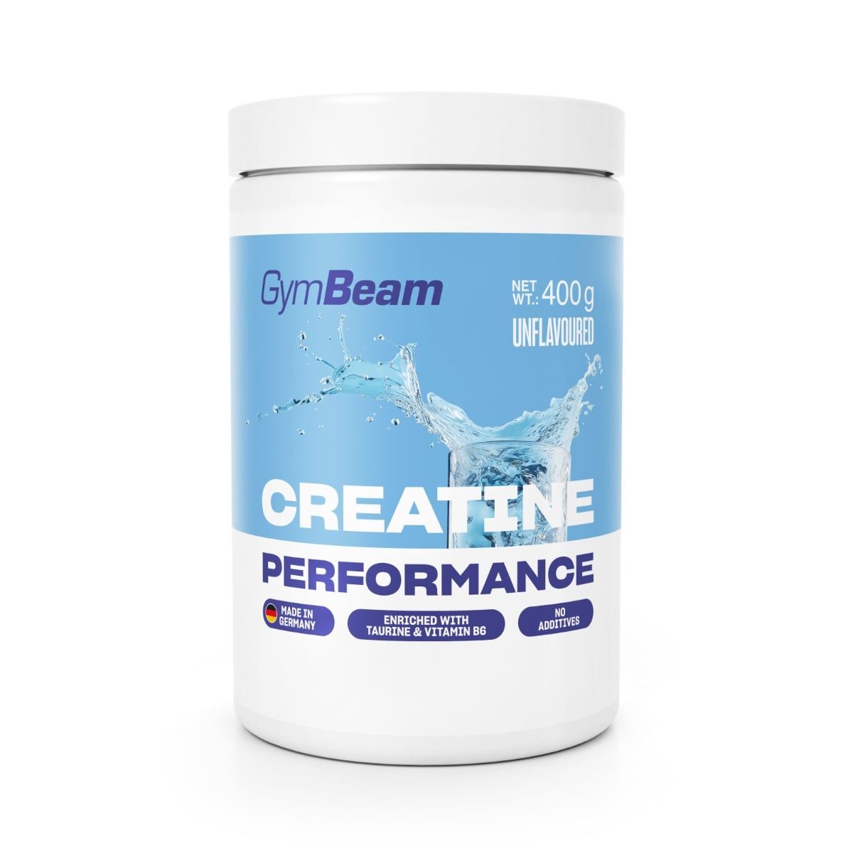 GymBeam Creatine Performance Pulver in weißem Behälter mit blauem Etikett. 400g, unflavoured.