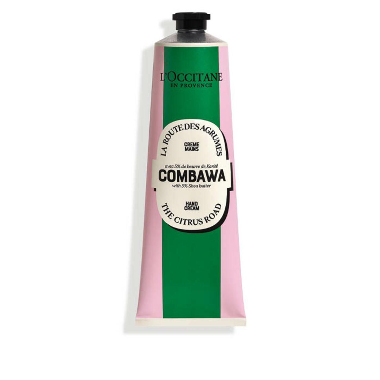 Handcreme-Tube mit grün-rosa Streifen. Schwarzer Deckel. Text: L'Occitane, Combawa, Hand Cream, The Citrus Road.