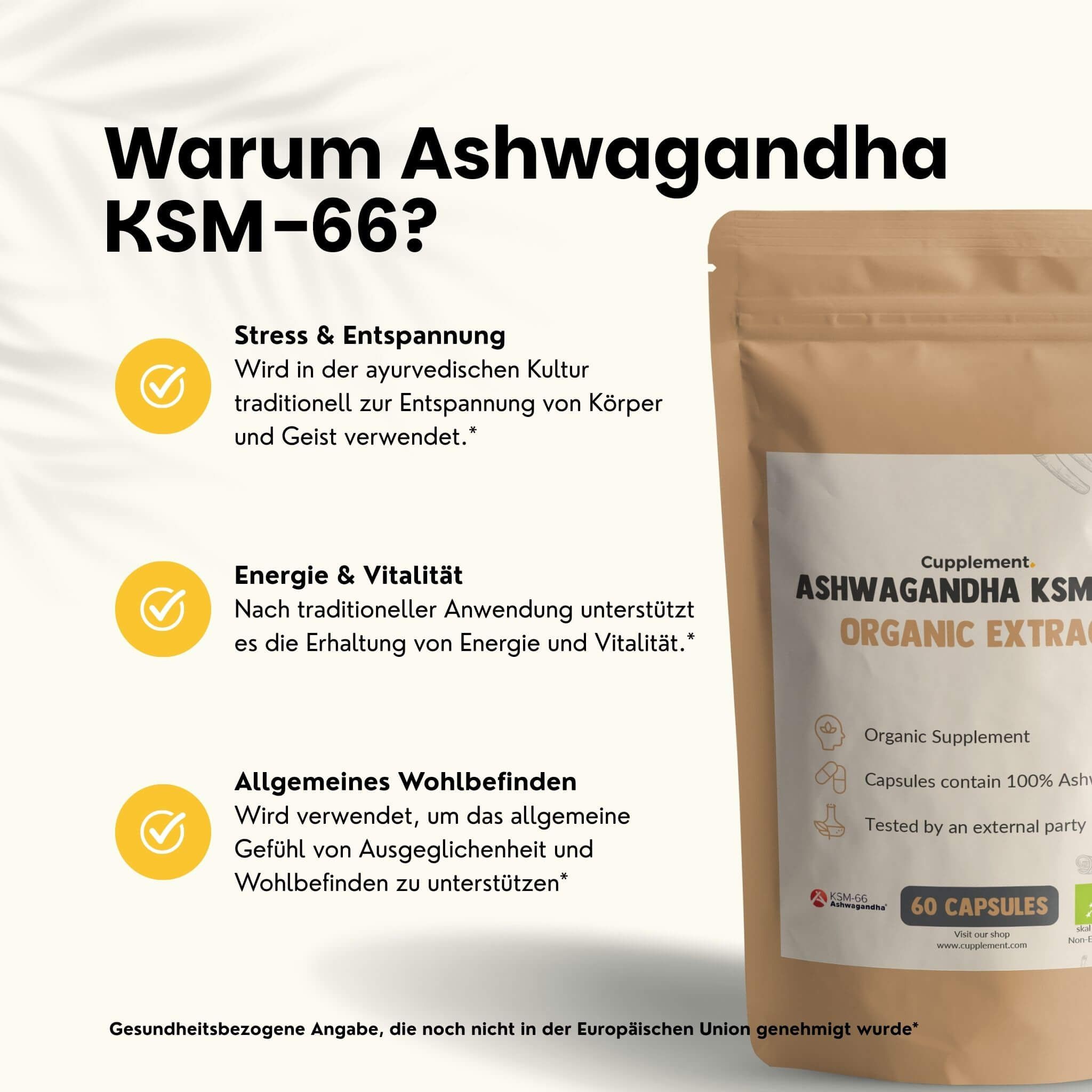 Beutel mit Ashwagandha KSM-66 Kapseln. Text: 60 Kapseln. Kundenbewertungen. Hintergrund: Grün und Weiß.