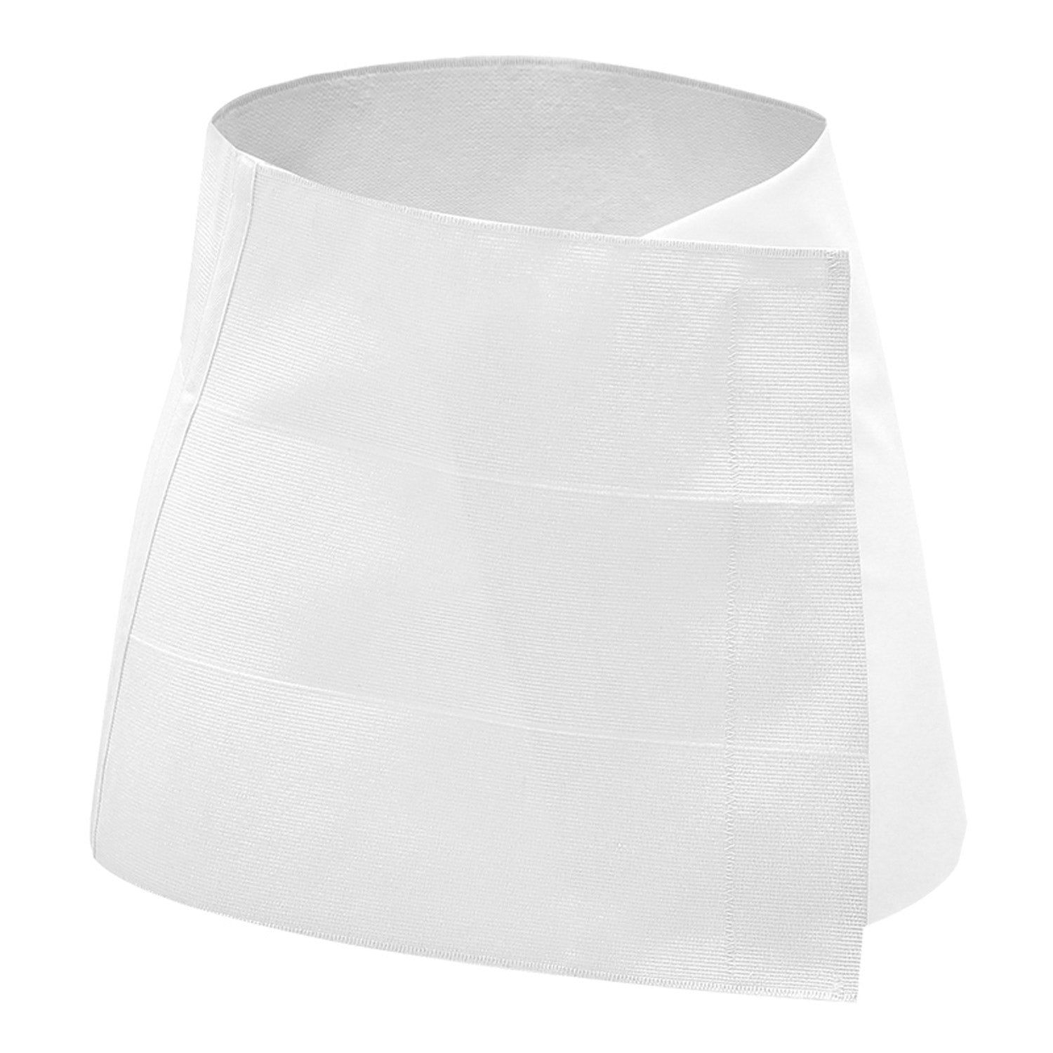 Weißer Bauchgürtel, gerollt. Mehrere horizontale Nähte. Offene Seite.