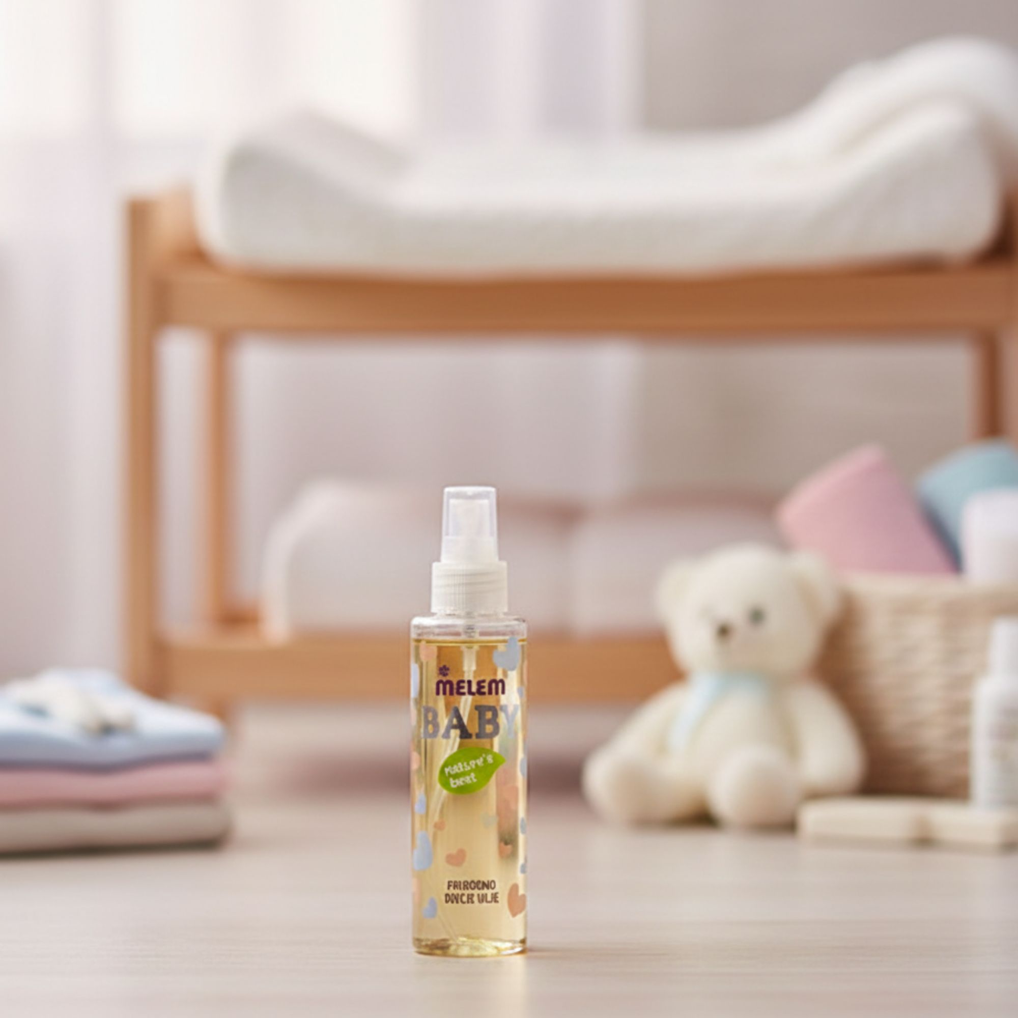 Eine Flasche Melem Babyöl steht auf einem Tisch. Im Hintergrund ein Wickeltisch und Spielzeug. Auf der Flasche ist der Markenname zu sehen.