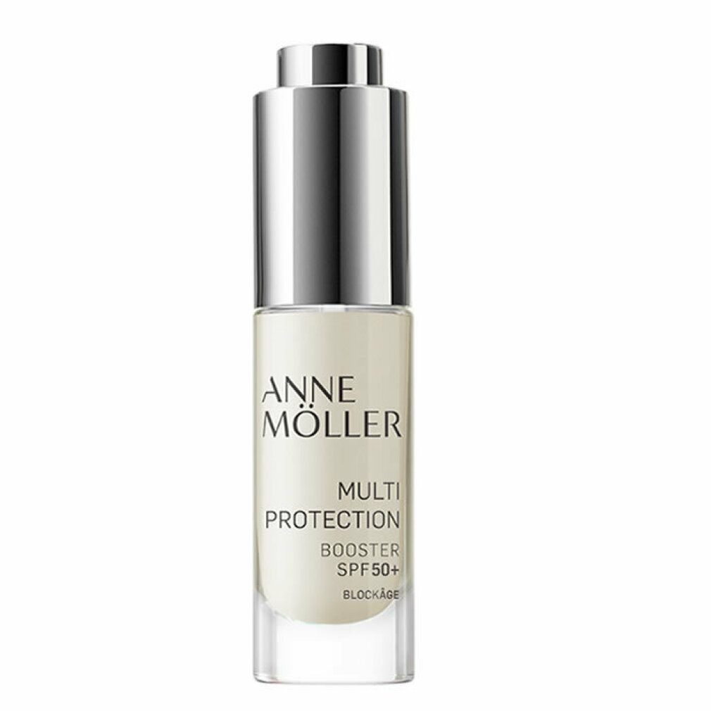 Serumflasche mit silbernem Verschluss. Aufschrift: Anne Möller Multi Protection Booster SPF 50+.