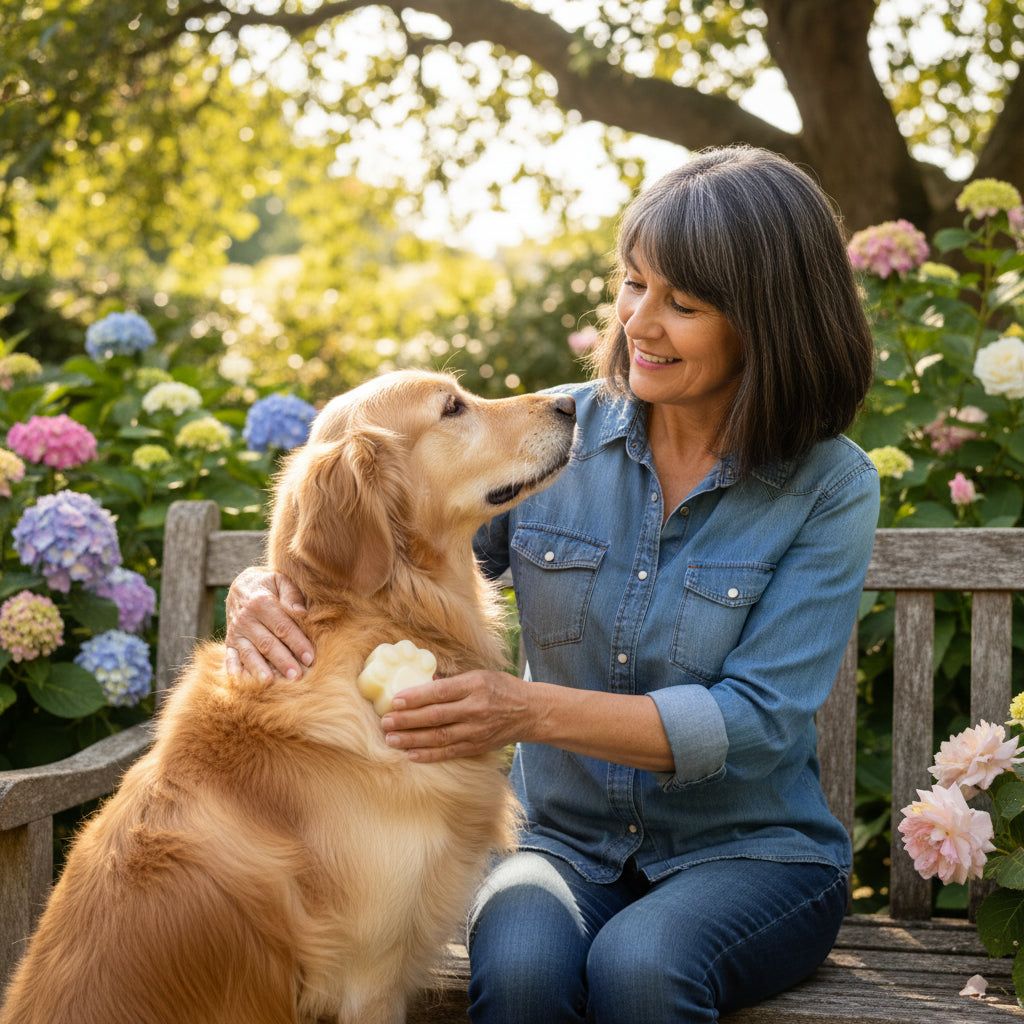 Frau streichelt Hund auf Parkbank. Hund hat Fellbutter auf Fell. Hintergrund: Blumen, Bäume, Sonnenlicht.