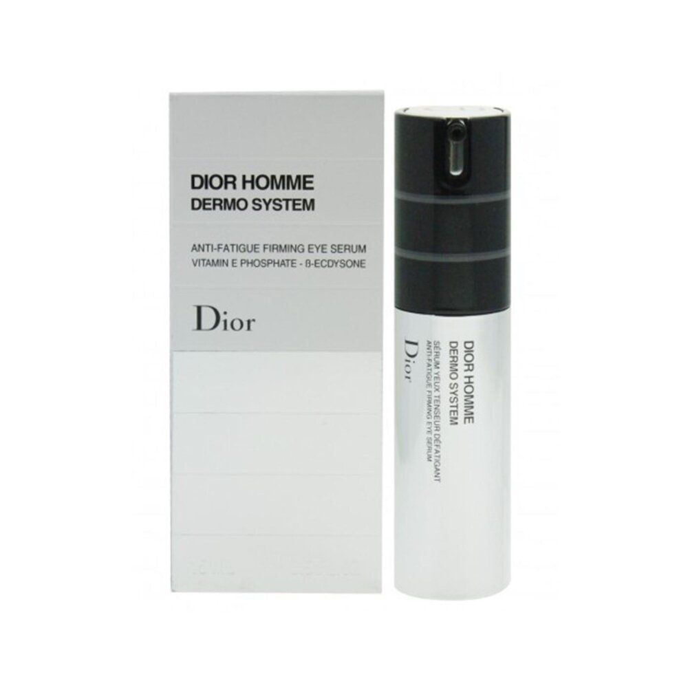 Serumflasche und Verpackung. Aufschrift: Dior Homme Dermo System. Text in Französisch und Englisch. Weiß und Schwarz.