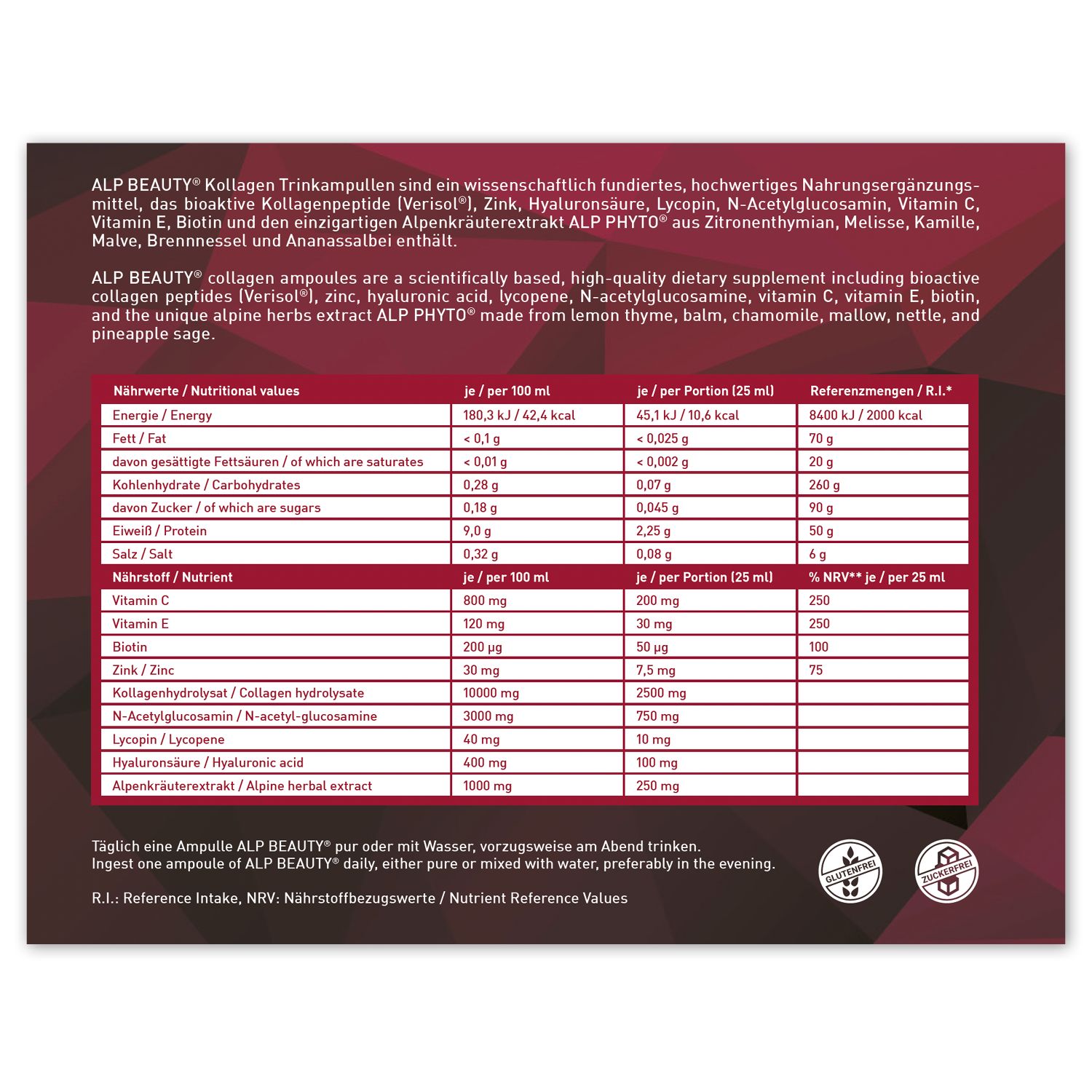 Rückseite der Verpackung mit Nährwertangaben und Inhaltsstoffen für ALP BEAUTY Kollagen Trinkampullen.