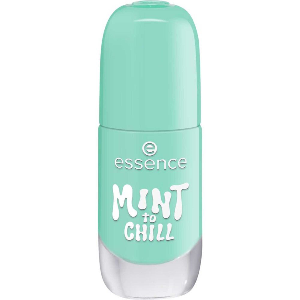 Nagellackflasche, türkis, mit geschlossenem Deckel. Aufschrift "essence MINT to CHILL".