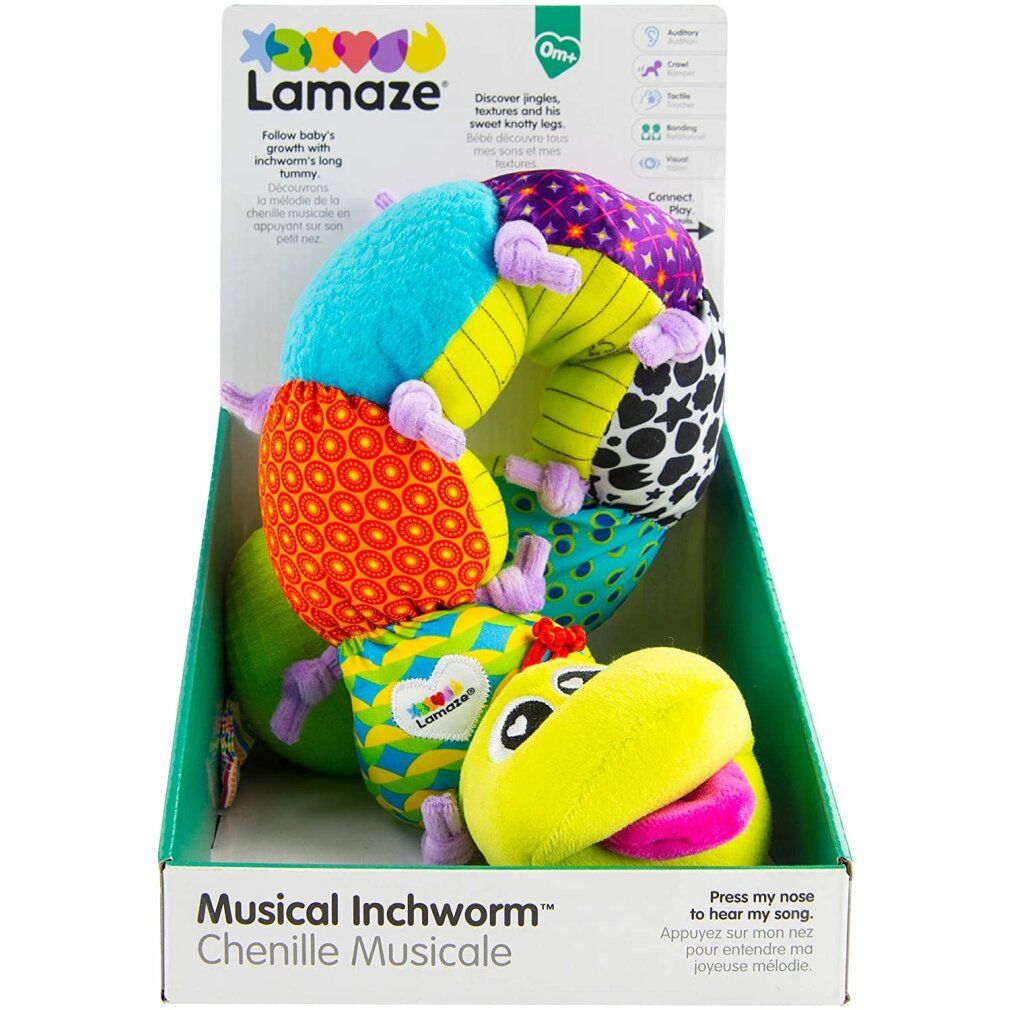 Lamaze Stoffwurm mit Musik in Verpackung, bunt, mit verschiedenen Mustern und Texturen.