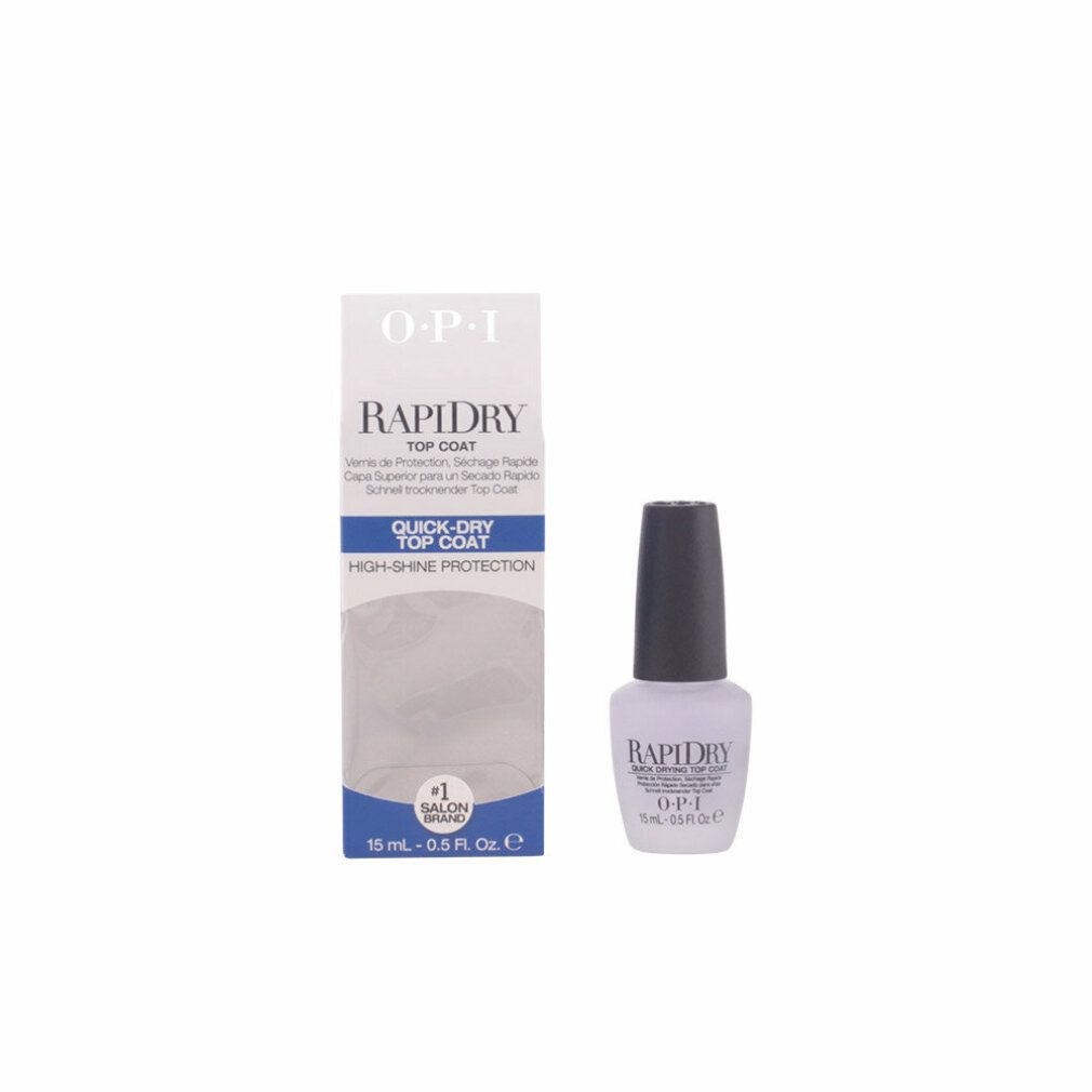 OPI Rapidry Top Coat und Verpackung. Flasche und Verpackung nebeneinander. Aufschrift: Rapidry, OPI, Quick-Dry Top Coat, 15 ml - 0.5 Fl Oz.