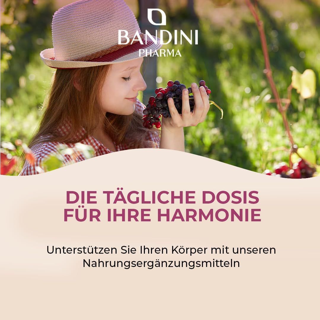 Mädchen mit Hut hält Trauben. Text: Die tägliche Dosis für Ihre Harmonie. Logo Bandini Pharma.