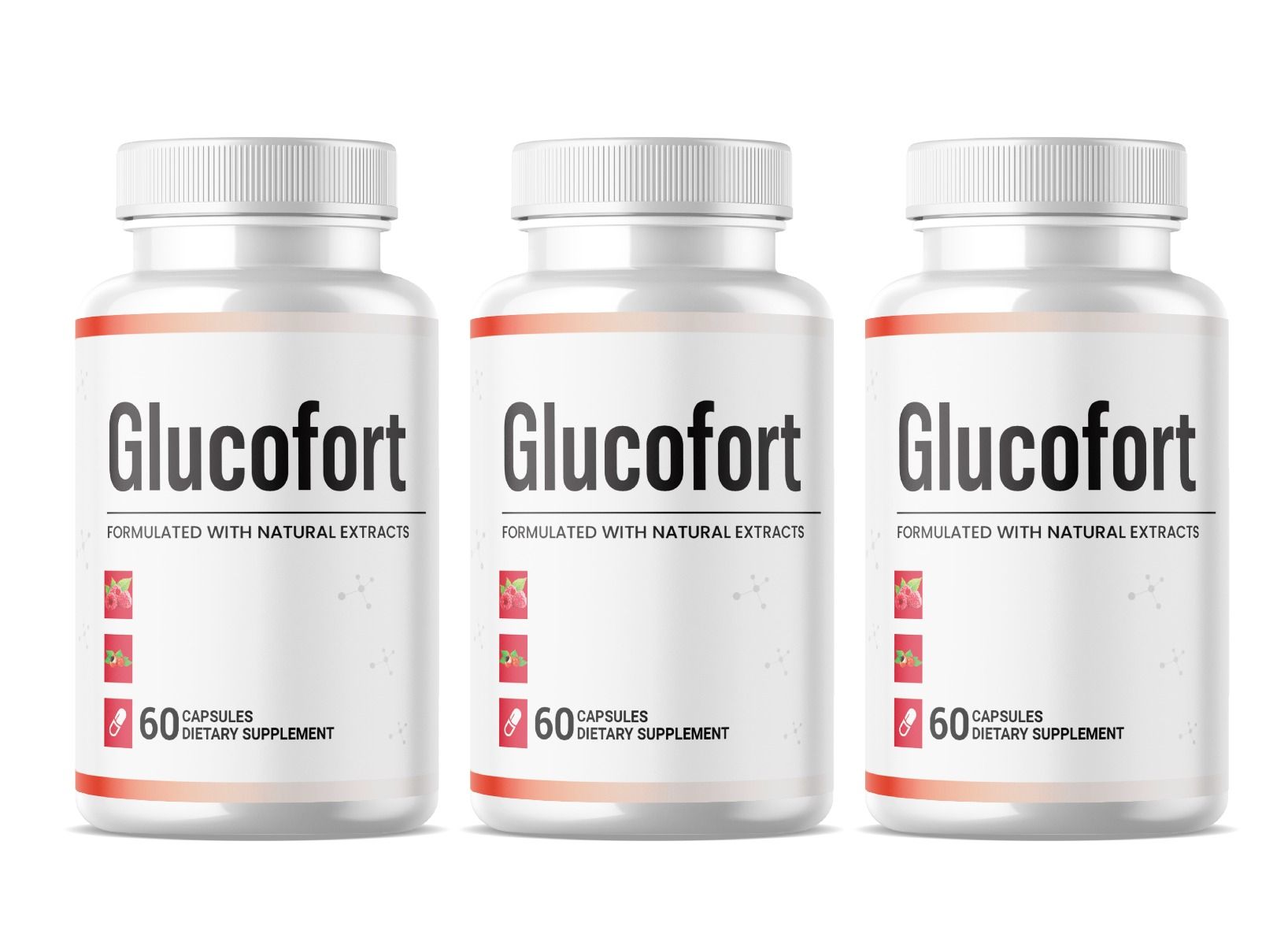 Drei weiße Flaschen mit Glucofort-Etikett. Jede enthält 60 Kapseln. Aufschrift: Formuliert mit natürlichen Extrakten.