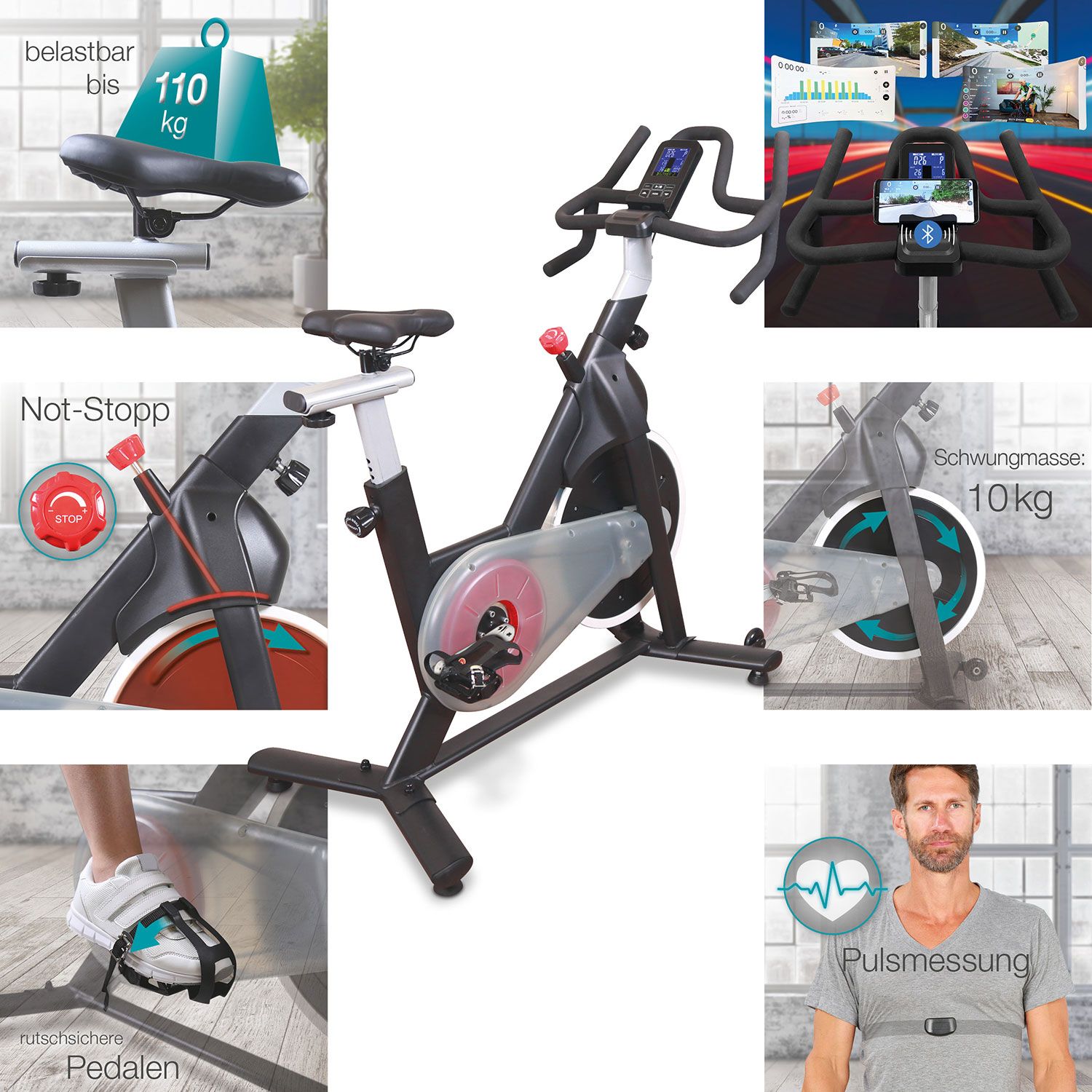 aktivshop Speedbike Indoor bis 110 kg mit Trainingscomputer, Bluetooth und Pulssensoren, Heimtrainer