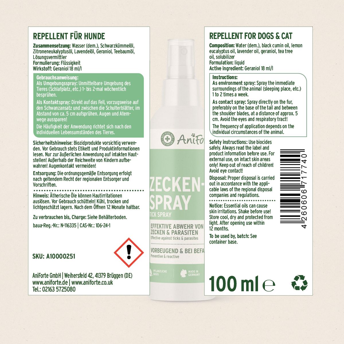 Etikett des Zeckensprays. Enthält Informationen zu Inhaltsstoffen, Anwendung und Sicherheitshinweisen. 100 ml Flasche.