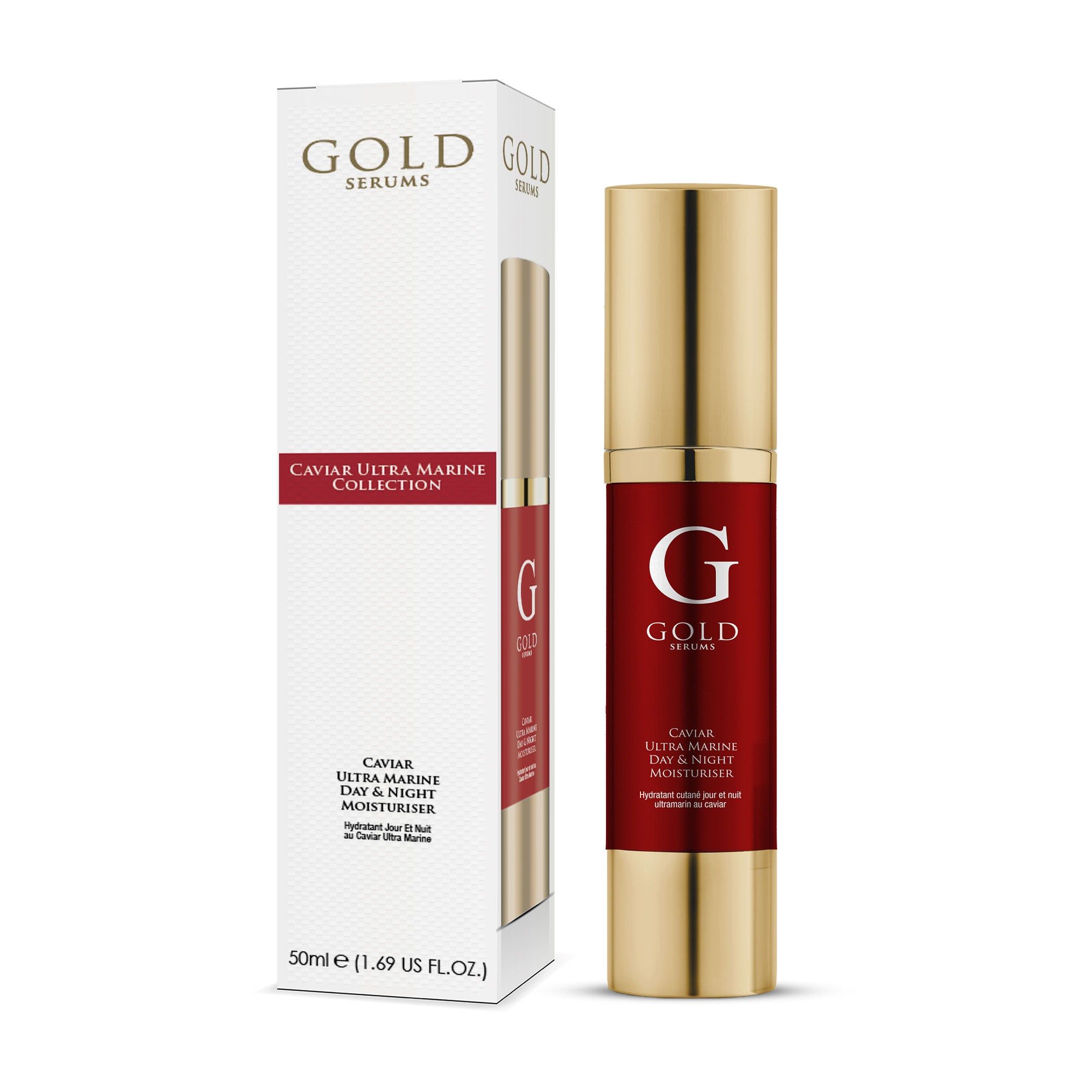 Gold Serums Caviar Ultra Marine Tages- und Nachtfeuchtigkeitspflege. Produkt und Verpackung. Rote und goldene Flasche neben weißer Box.