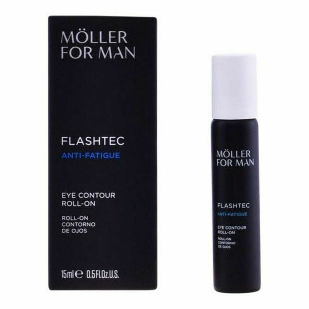 Schwarze Flasche mit weißem Deckel. Text: Möller For Man, Flashtec Anti-Fatigue Eye Contour Roll-On. 15ml.