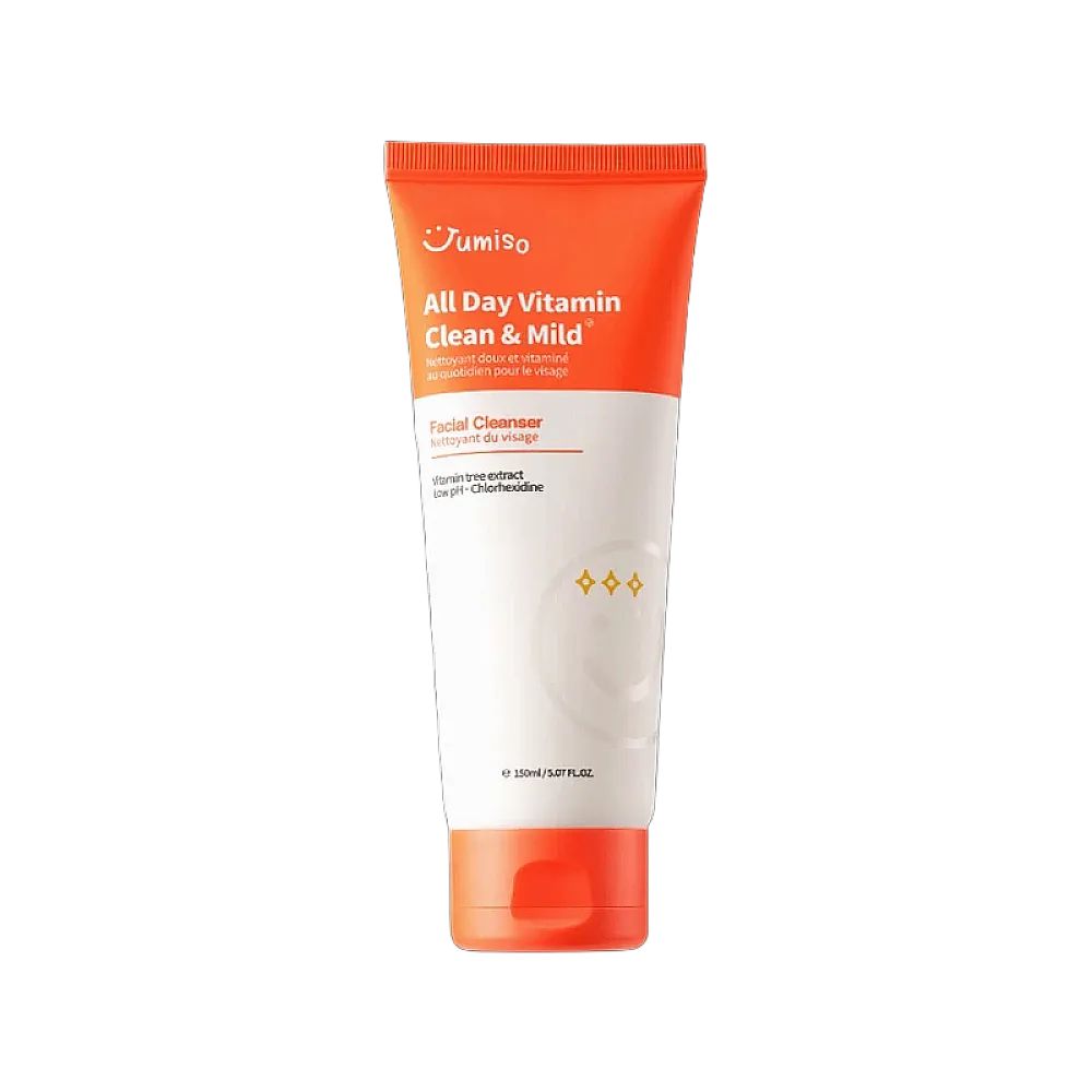 JUMISO All Day Vitamin Clean & Mild Facial Cleanser Tube mit orangefarbenem Verschluss.