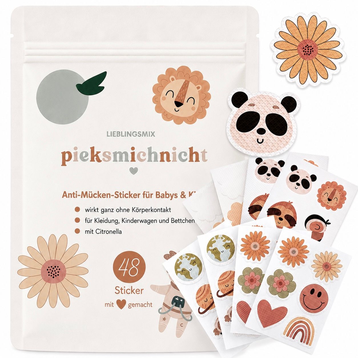 Verpackung mit 48 Anti-Mücken-Stickern für Babys & Kinder im Design-Mix.