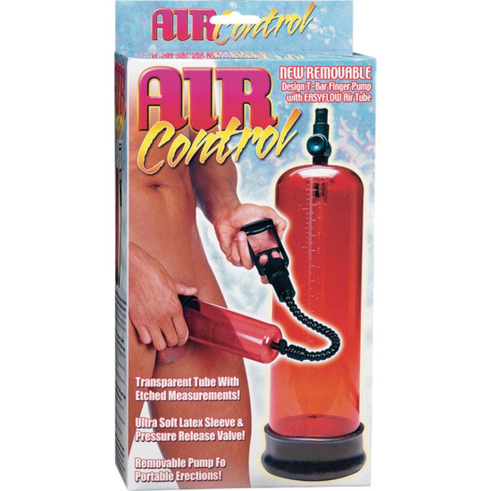 Produktverpackung. Roter Zylinder mit schwarzem Schlauch und Griff. Text: AIR Control, transparente Röhre mit Messungen.