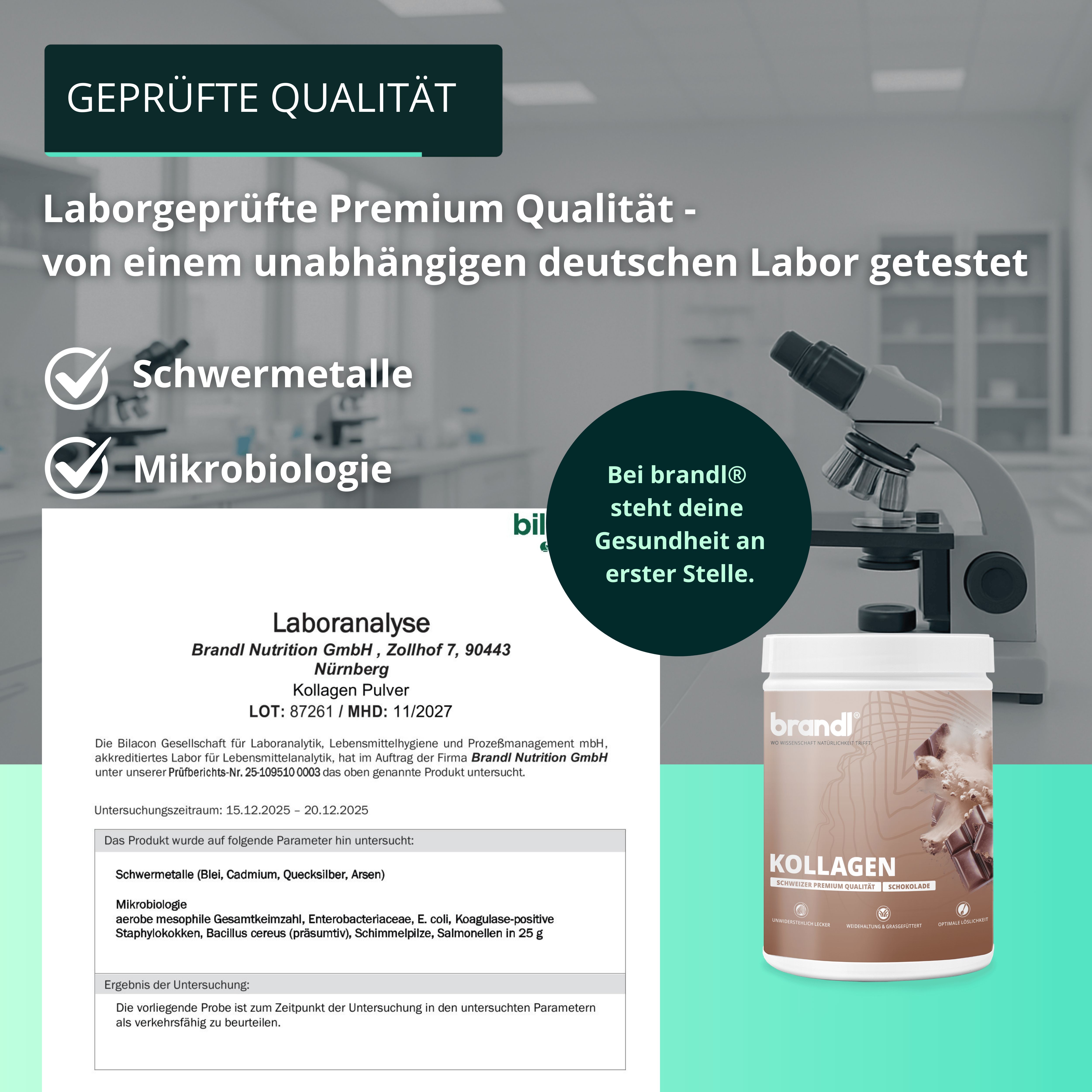 Produktglas neben Mikroskop. Text: Laborgeprüfte Premium Qualität. Schwer Metalle, Mikrobiologie. Laboranalyse.