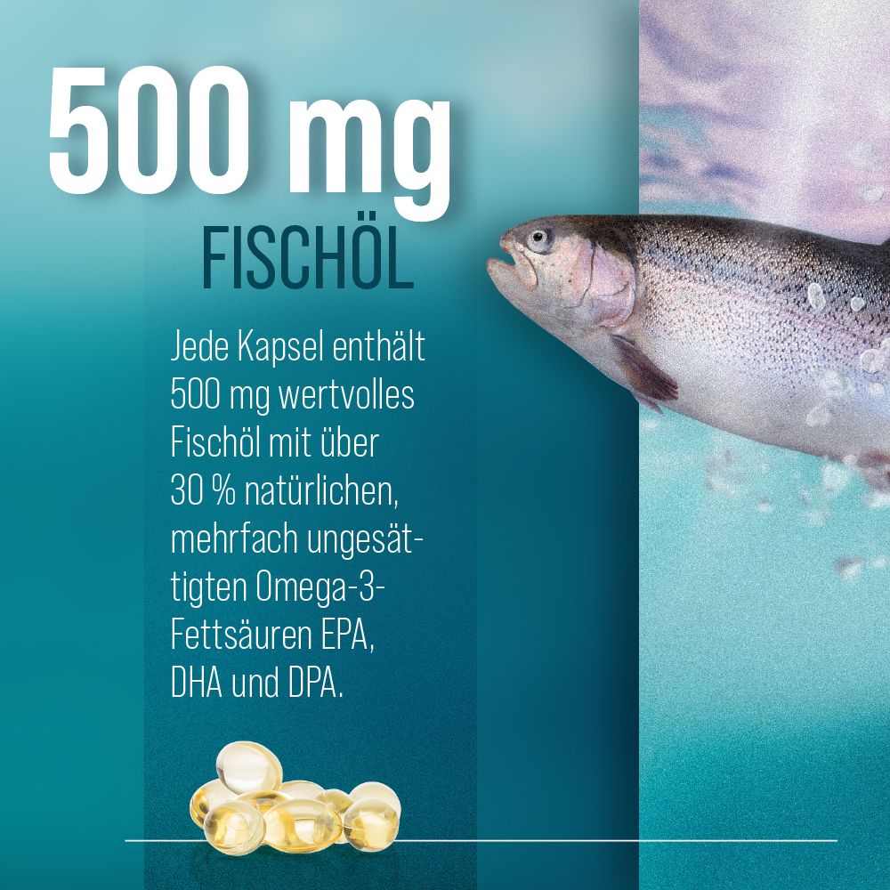 Fischöl-Kapseln mit 500 mg Fischöl, EPA, DHA und DPA. Schwimmender Fisch.
