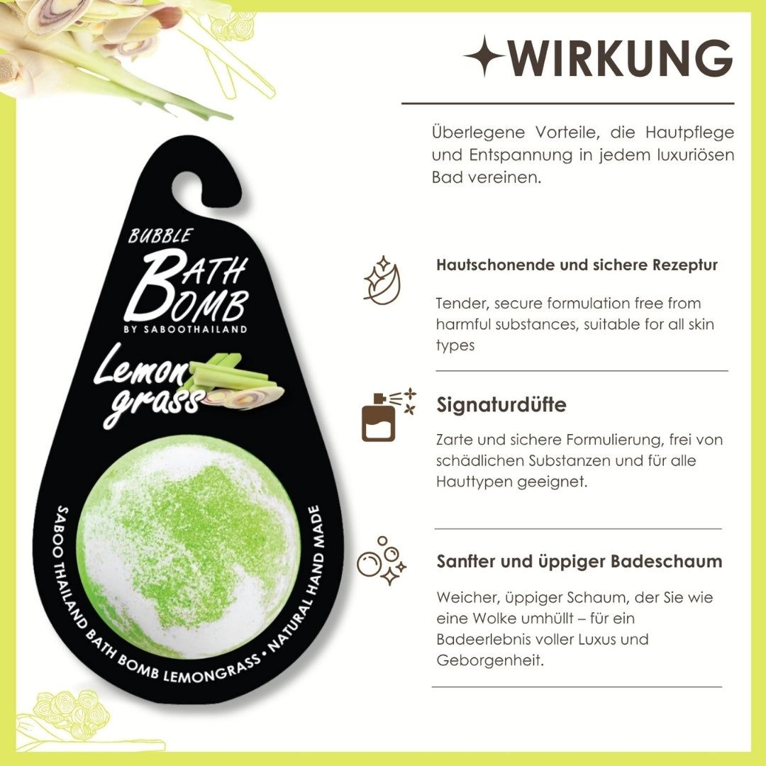 Grüne Badebombe mit Zitronengras-Motiv. Schwarze Verpackung mit Aufhänger. Marke: SABOO. Text: Lemon grass. Wirkung.