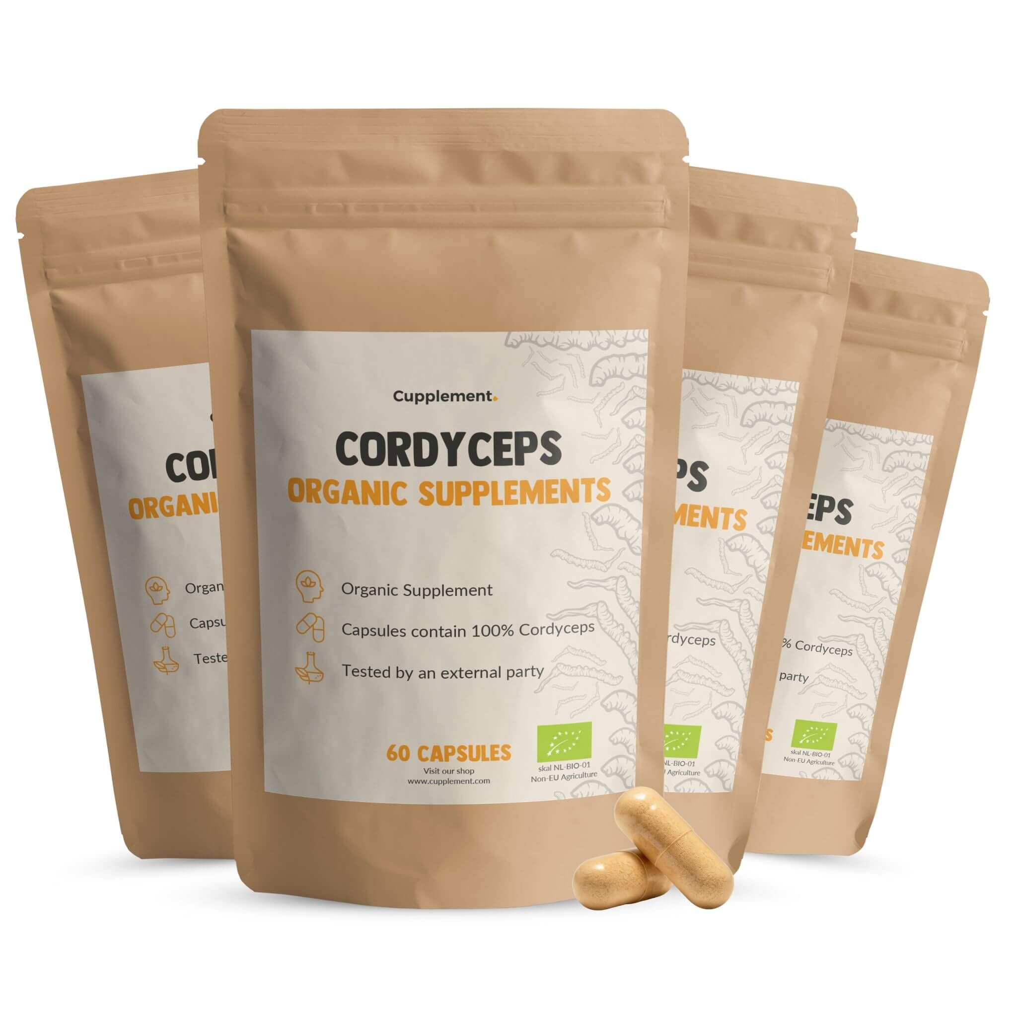 Mehrere Beutel mit Cordyceps-Kapseln. Aufschrift: Cordyceps Organic Supplements. 60 Kapseln. Braune Kapseln liegen daneben.