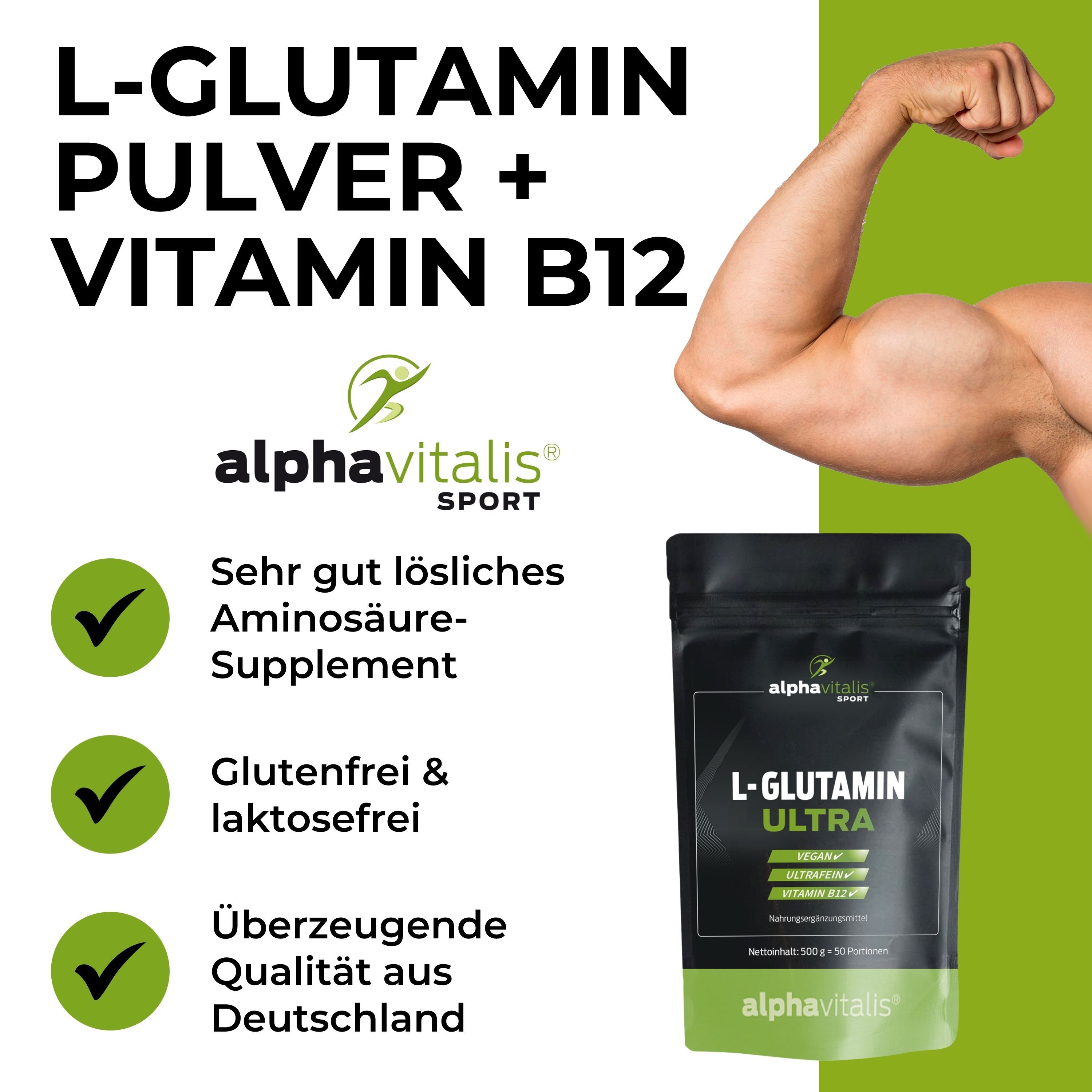 Produktabbildung mit L-Glutamin Pulver + Vitamin B12. Armmuskeln im Hintergrund. Logos: Alphavitalis Sport. Text: Glutenfrei & laktosefrei.