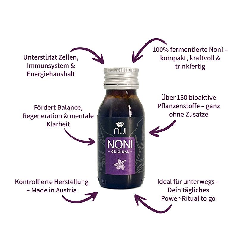 NUI NONI Flasche mit Pfeilen und Text. Beschreibt Vorteile wie fermentiert, bioaktive Pflanzenstoffe, Balance und Energie.