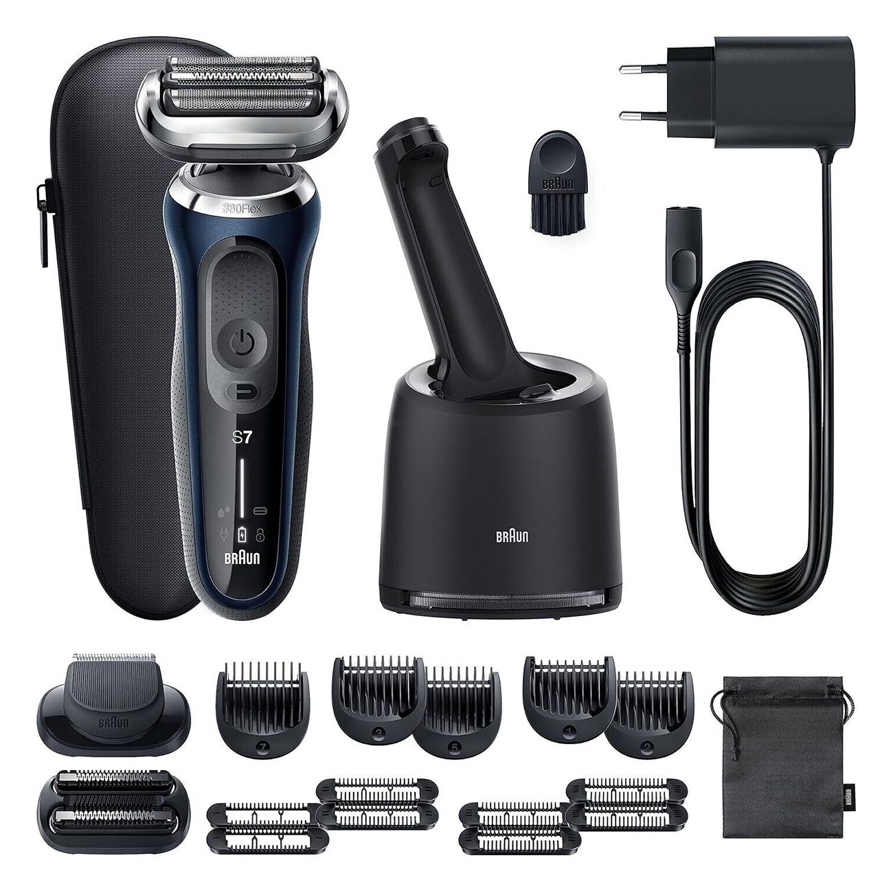 Braun Series 7 Rasierer mit Zubehör: Ladestation, Reinigungsbürste, Netzteil, Trimmeraufsätze, Reiseetui.
