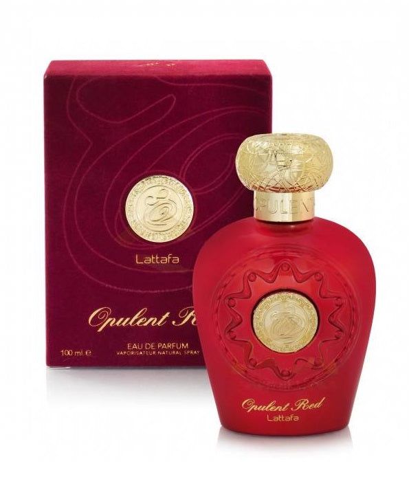 Roter Flakon und Verpackung. Goldfarbener Deckel. Aufschrift: Opulent Red, Lattafa. 100 ml.
