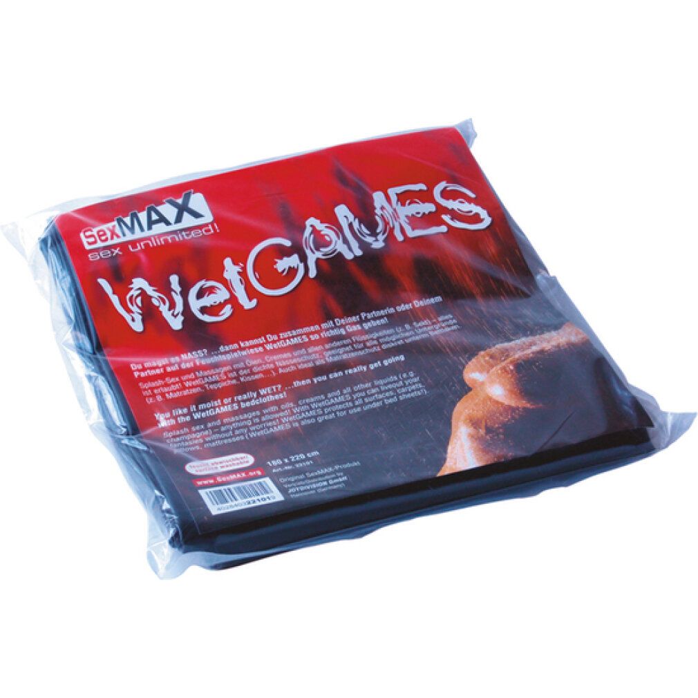 Verpacktes Sex-Laken mit rotem Aufdruck WetGames und SexMAX. Schwarzes Laken sichtbar. Text in Deutsch und Englisch.
