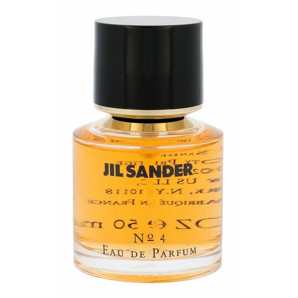 Flakon mit schwarzem Deckel. Aufschrift: JIL SANDER, N° 4, Eau de Parfum. Aufschrift auf dem Flakon gespiegelt.