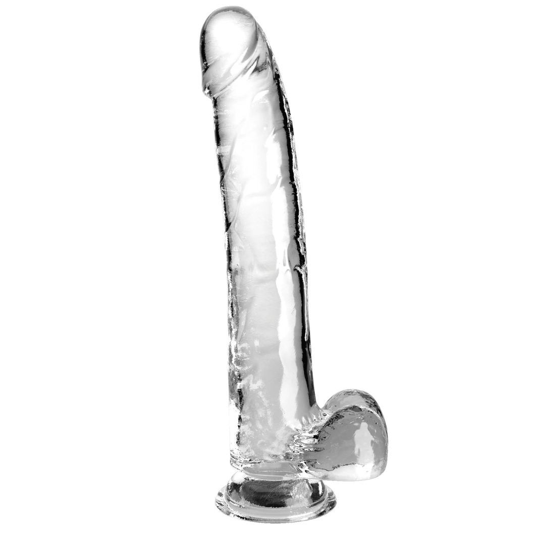 Durchsichtiger Dildo mit Hoden und Basis. Vertikale Ansicht.