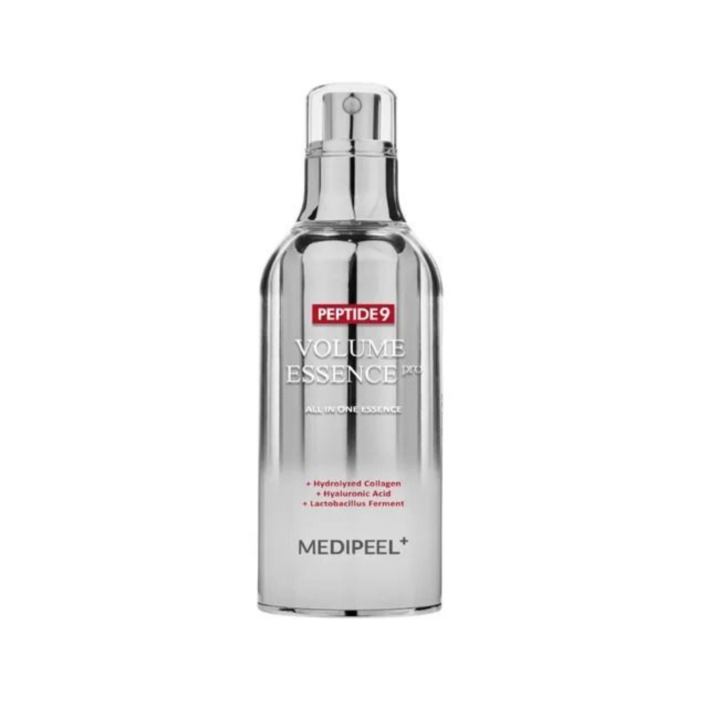 Silberne Flasche mit rotem Etikett. Text: Peptide 9 Volume Essence Pro, Inhaltsstoffe. Marke: Medipeel.