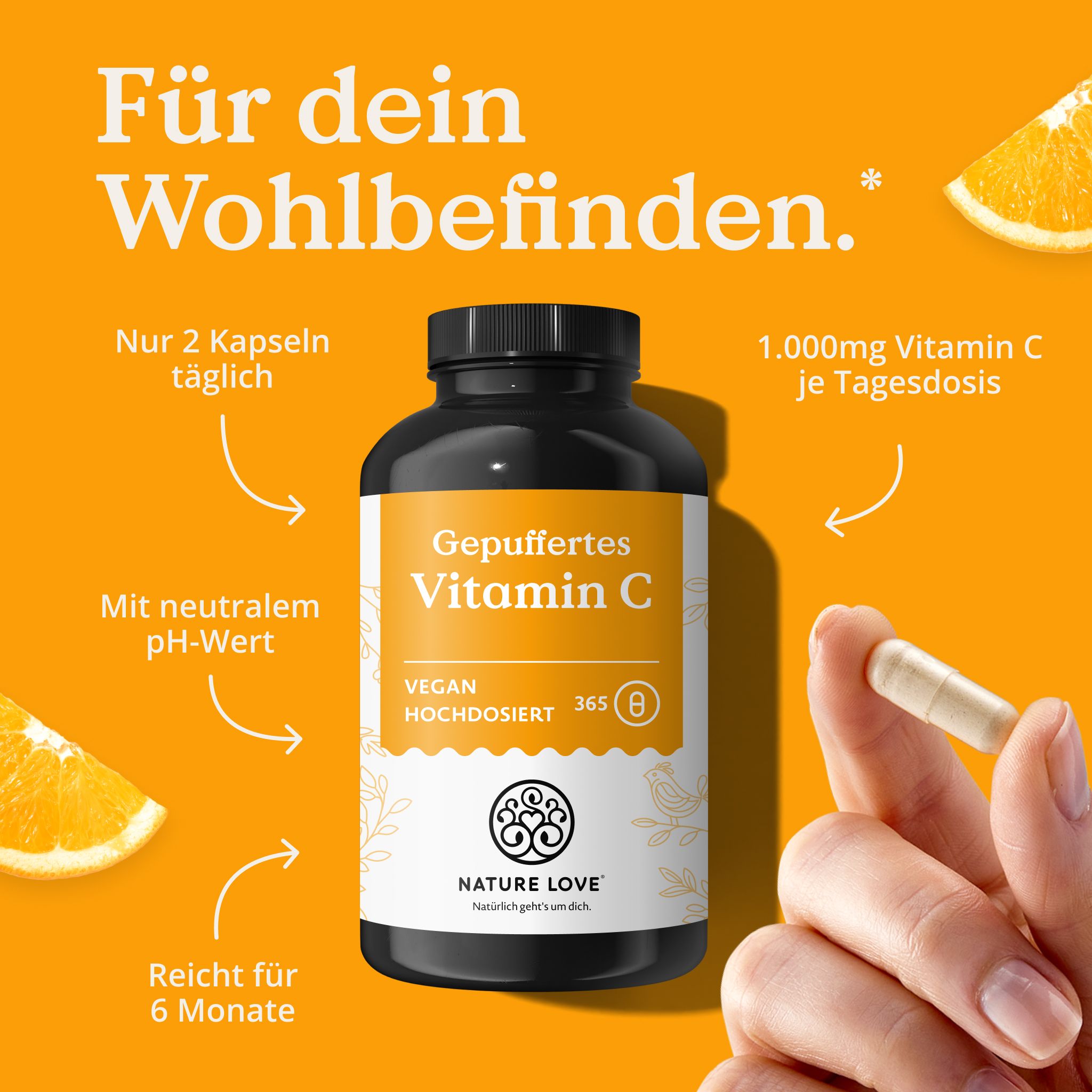 Flasche gepuffertes Vitamin C, 1000mg pro Tagesdosis, nur 2 Kapseln täglich, reicht für 6 Monate, neutraler pH-Wert.