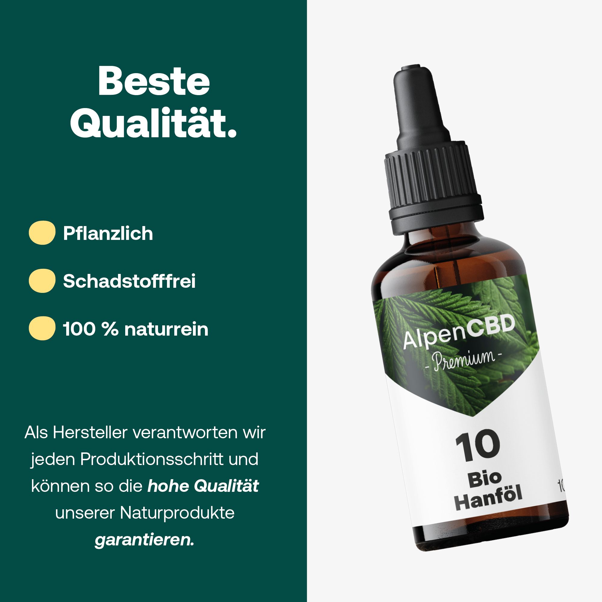 Braune Glasflasche mit Tropfer und Etikett. Auf dem Etikett steht AlpenCBD, Premium und 10 Bio Hanföl. Beste Qualität.