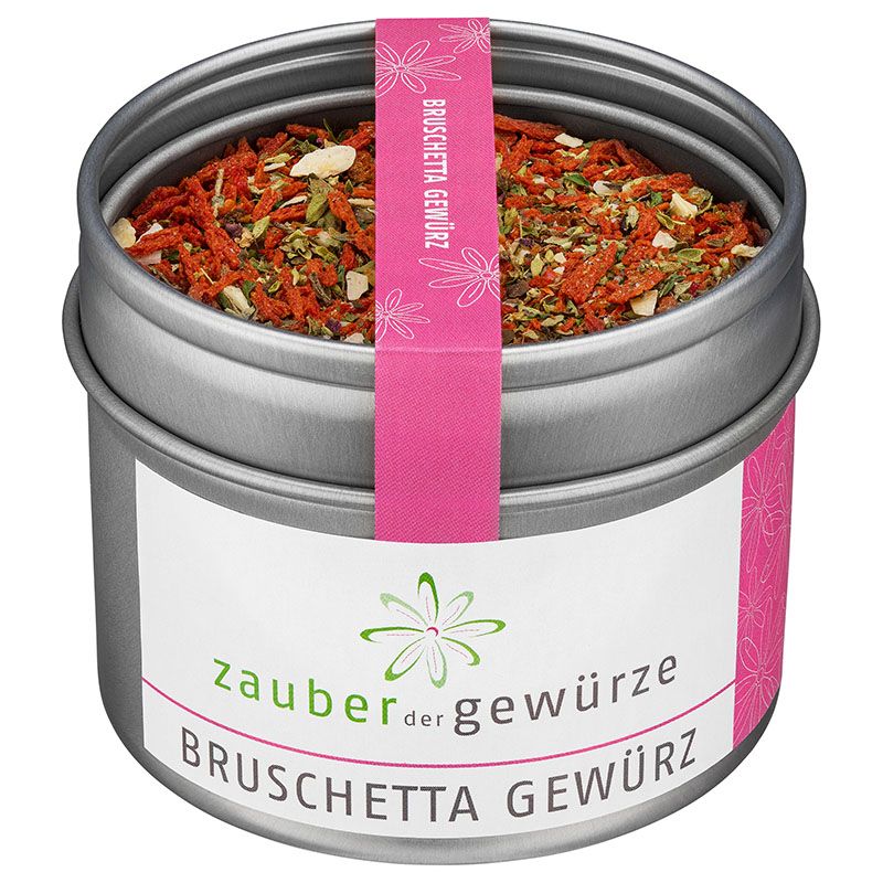 Metallbehälter mit Bruschetta-Gewürz. Rosa Etikett mit Produktname. Marke: Zauber der Gewürze.