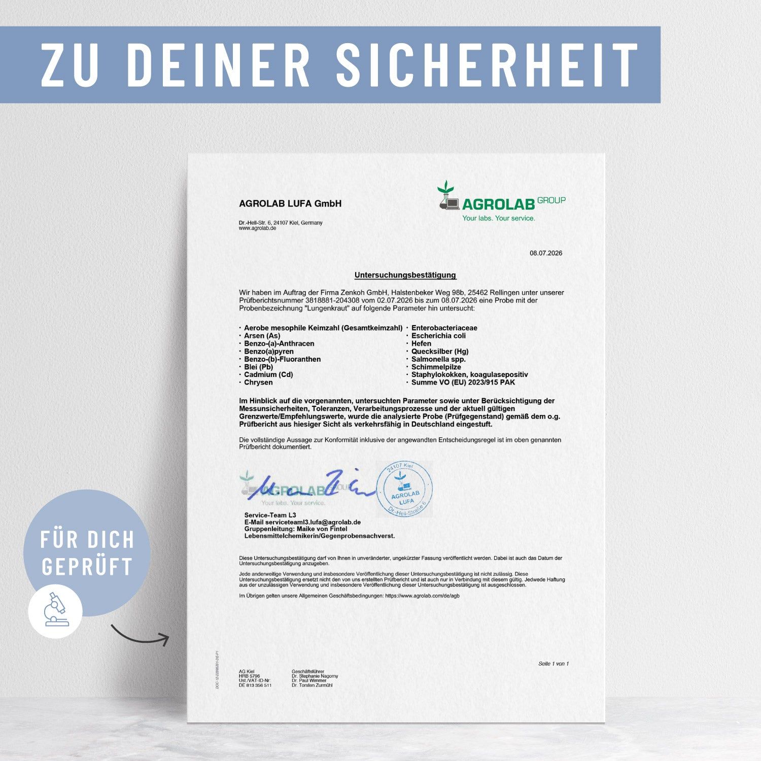 Agrolab-Laborbericht zur Prüfung von Lungenkraut-Nahrungsergänzungsmitteln. "Zu deiner Sicherheit".