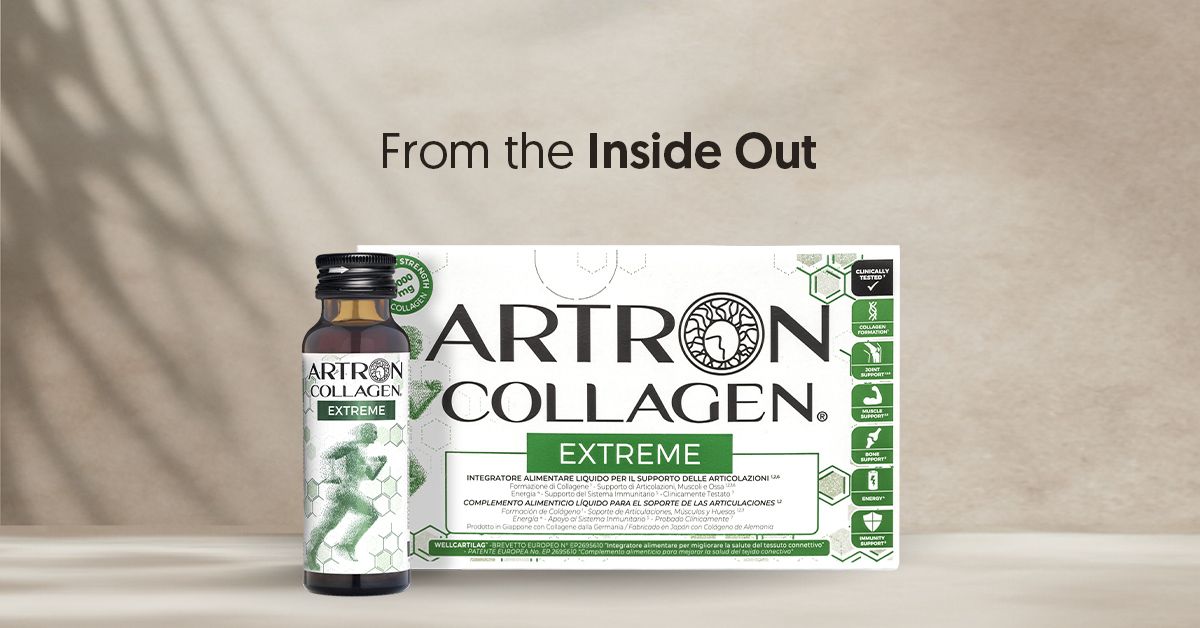 Gold Collagen Artron Extreme. Flasche und Karton. Aufschrift: Artron Collagen Extreme. Grün-weißes Design. Hintergrund mit Schatten.