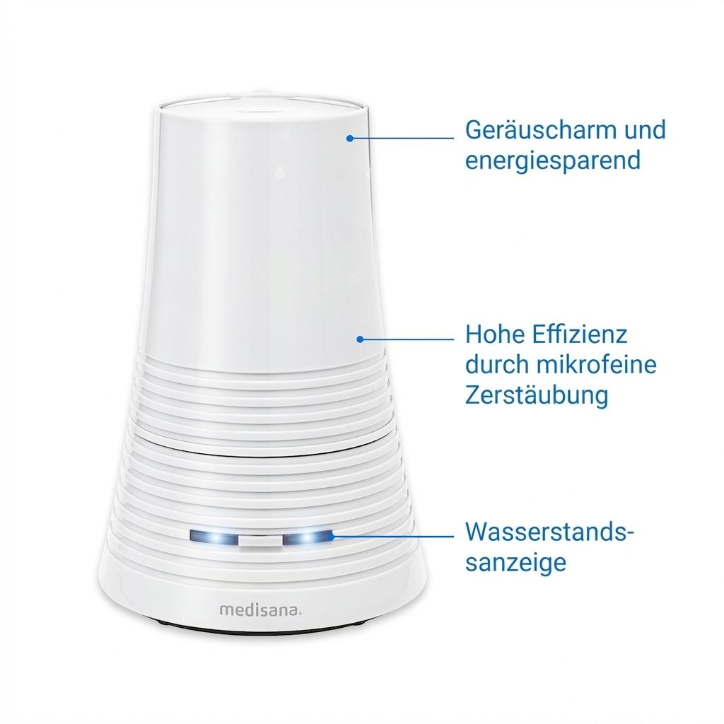 Weißer medisana AH 662 Luftbefeuchter mit Ultraschalltechnologie, automatischer Abschaltung.