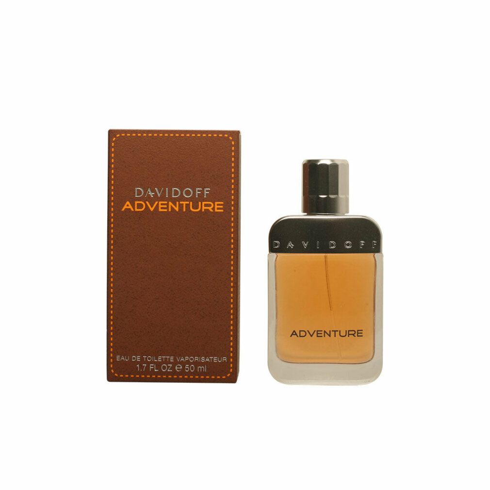 Davidoff Adventure Eau de Toilette, 50 ml. Flakon und Verpackung. Flakon mit silbernem Deckel und orangefarbener Flüssigkeit.