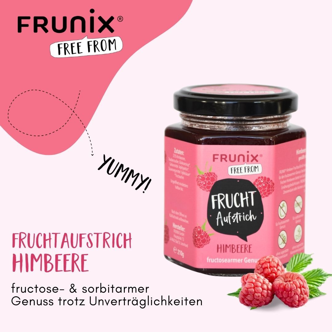 Glas FRUNIX® Himbeer-Fruchtaufstrich. Rosa Etikett mit Produktname und Himbeeren. Aufschrift: fructosearmer Genuss.